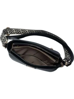 Sac à bandoulière noir uni avec fermeture à zip et un logo doré