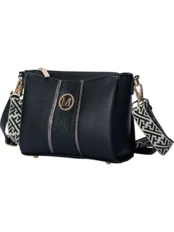 Sac à bandoulière noir uni avec fermeture à zip et un logo doré