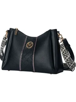 Sac à bandoulière noir uni avec une fermeture à zip et logo doré