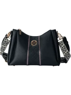 Sac à bandoulière noir uni avec une fermeture à zip et logo doré