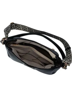 Sac à bandoulière noir uni avec une fermeture à zip et logo doré