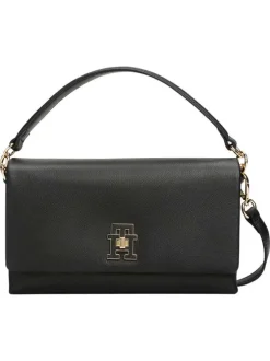 Sac à bandoulière noir uni avec un effet grain et un logo doré