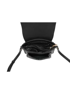 Sac bandoulière noir uni avec une poche avant zippée et un patch