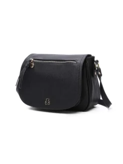 Sac bandoulière noir uni avec une poche avant zippée et un patch