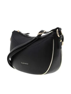 Sac bandoulière noir uni avec un logo doré embossé sur l'avant