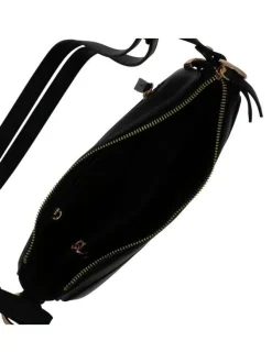 Sac bandoulière noir uni avec un logo doré embossé sur l'avant