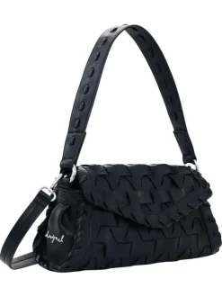 Sac bandoulière noir uni avec un revêtement tressé muni d'une anse