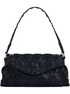 Sac bandoulière noir uni avec un revêtement tressé muni d'une anse