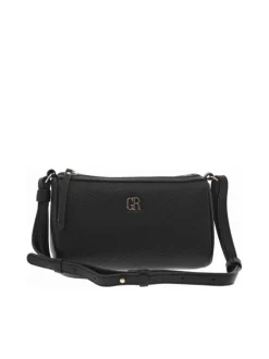 Sac bandoulière noir uni avec un zip et logo de la marque en relief
