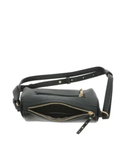 Sac bandoulière noir uni avec un zip et logo de la marque en relief