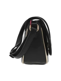 Sac à bandoulière noir uni grainé avec liseré doré et rabat avec pression