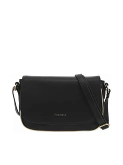 Sac à bandoulière noir uni grainé avec liseré doré et rabat avec pression