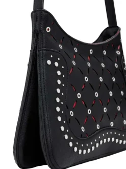 Sac à bandoulière noir zippé avec des œillets et des clous décoratifs