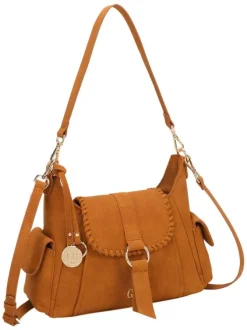 Sac bandoulière porté épaule camel uni pourvu d'un rabat frontal