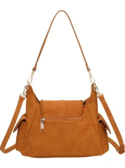 Sac bandoulière porté épaule camel uni pourvu d'un rabat frontal