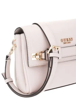 Sac bandoulière rose pâle uni avec bords noires et logo de la marque