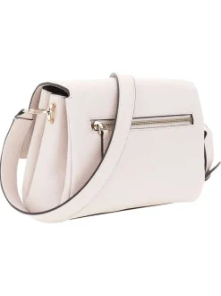 Sac bandoulière rose pâle uni avec bords noires et logo de la marque