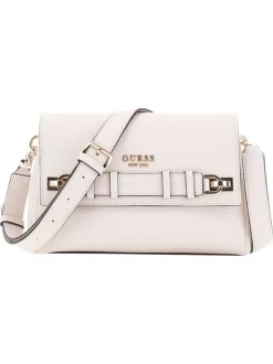 Sac bandoulière rose pâle uni avec bords noires et logo de la marque