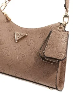 Sac bandoulière taupe avec monogrammes et logo en pièce métallique