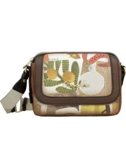 Sac beige avec des imprimés et une bandoulière réglable avec marque cousue