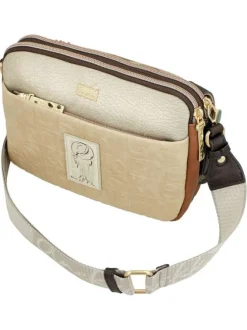 Sac beige avec des imprimés et une bandoulière réglable avec marque cousue