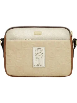 Sac beige avec des imprimés et une bandoulière réglable avec marque cousue