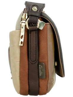Sac beige avec des imprimés et une bandoulière réglable avec marque cousue