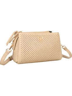 Sac beige en maille ajourée avec bandoulière amovible et logo de la marque