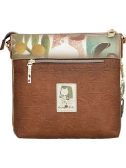 Sac beige et marron avec des imprimés et une bandoulière réglable