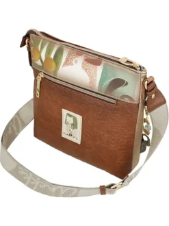 Sac beige et marron avec des imprimés et une bandoulière réglable