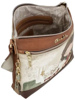 Sac beige et marron avec des imprimés et une bandoulière réglable