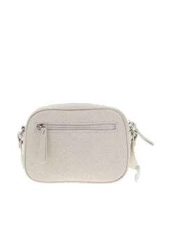 Sac beige uni avec une poche à fermeture rabat sur l'avant et un logo à l'avant