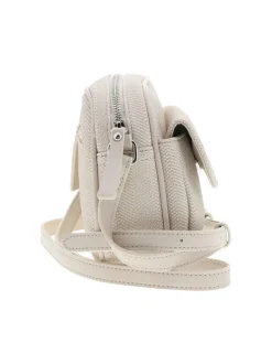 Sac beige uni avec une poche à fermeture rabat sur l'avant et un logo à l'avant