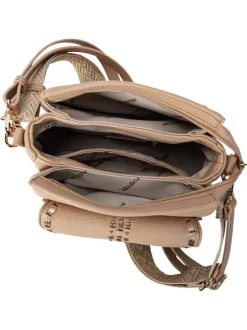 Sac beige uni muni de 2 bandoulières réglables et d'une fermeture à zip