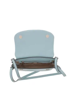 Sac bleu argenté uni à porté épaule avec rabat à pression et logo de la marque