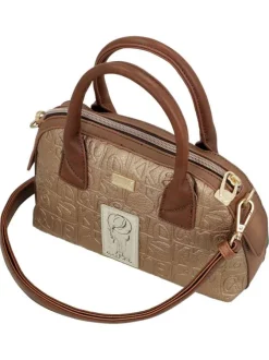 Sac bowling beige à imprimé avec anses et bandoulière marron