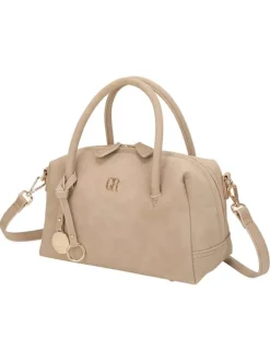 Sac bowling porté main beige uni pourvu d'une bandoulière amovible
