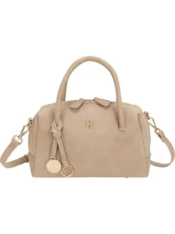 Sac bowling porté main beige uni pourvu d'une bandoulière amovible