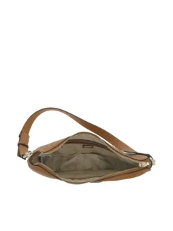 Sac camel à porté épaule forme banane avec détails dorés et bandoulière réglable