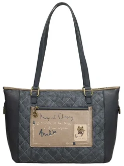 Sac à main anthracite et beige à anses plates orné de motifs exclusifs