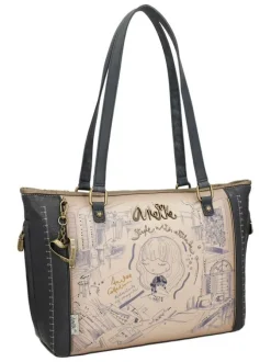 Sac à main anthracite et beige à anses plates orné de motifs exclusifs