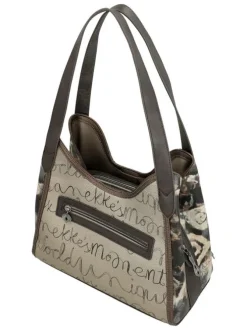 Sac à main beige pourvu de multiples poches et orné de motifs exclusifs