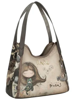 Sac à main beige pourvu de multiples poches et orné de motifs exclusifs