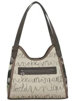 Sac à main beige pourvu de multiples poches et orné de motifs exclusifs