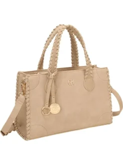 Sac à main beige uni pourvu pourvu d'une bandoulière plate réglable