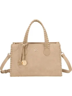 Sac à main beige uni pourvu pourvu d'une bandoulière plate réglable