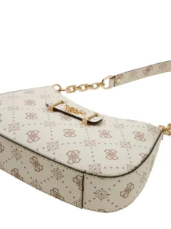 Sac à main écru pourvu d'une matière grainée et orné d'un motif monogramme