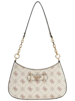 Sac à main écru pourvu d'une matière grainée et orné d'un motif monogramme