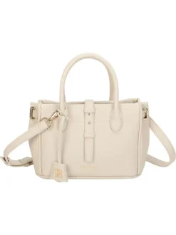 Sac à main écru uni pourvu d'un porte-clès avec le logo de la marque