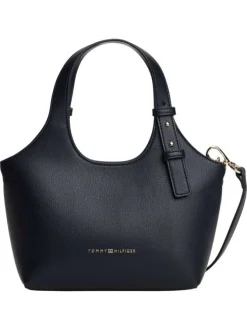 Sac à main marine pourvu d'une bandoulière amovible et du nom de la marque
